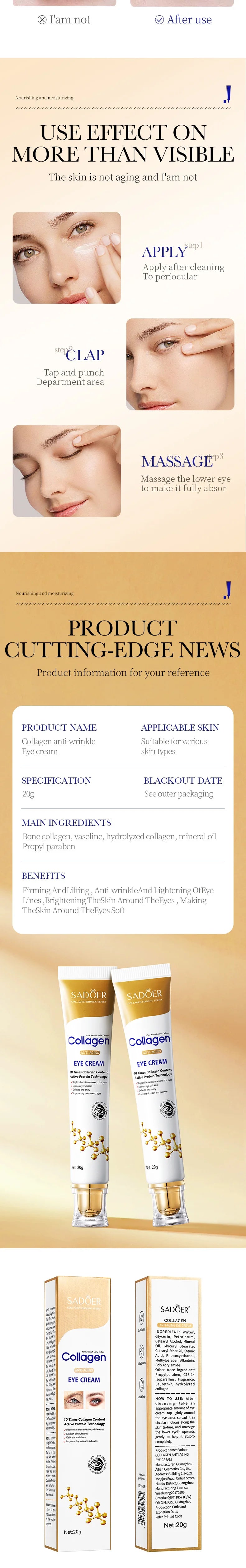SADOER Collagen Eye Cream – Anti Dark Circles, Puffiness & Firming Moisturizing Eye Treatment (20g)