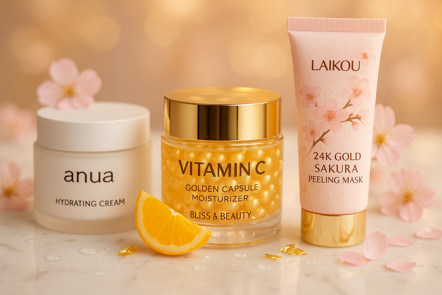Discover how hydration, Vitamin C, and gold-based skincare can transform your routine. Featuring Anua Hydrating Cream, Vitamin C Golden Capsule Moisturizer, and Laikou 24K Gold Sakura Peeling Mask from Bliss & Beauty.