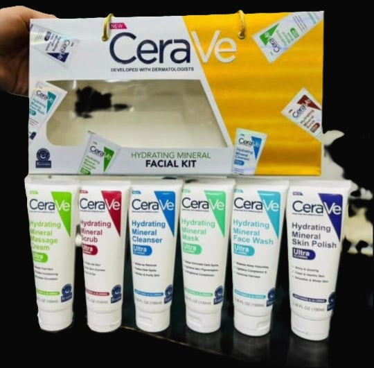 Pack of 6 – CeraVe Hydrating Mineral Facial Kit | 6-Step Facial Routine with Cleanser, Scrub, Massage Cream, Mask, Skin Polish & Face Wash | 100ml Each
