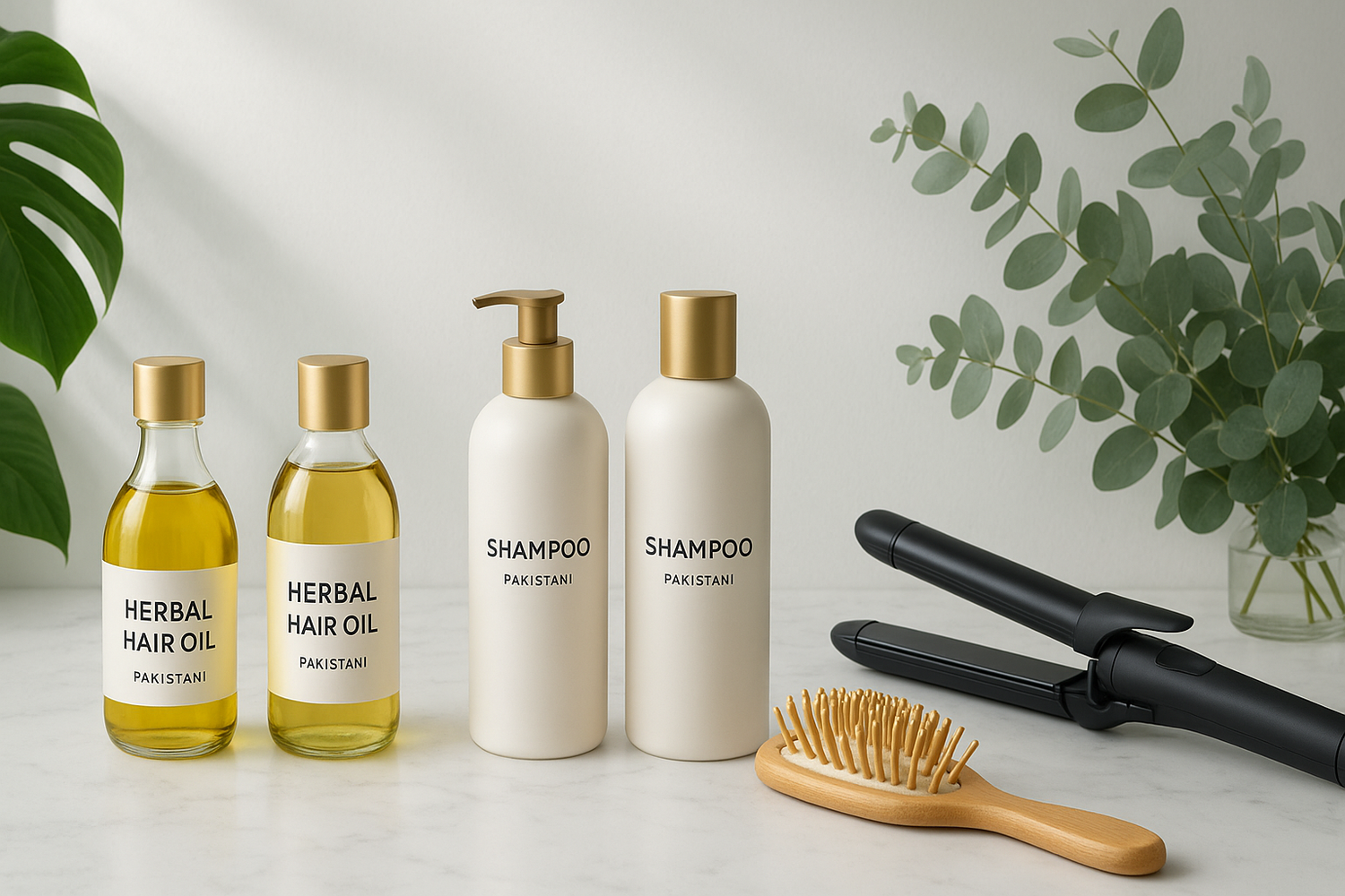 visualize "A modern hero banner with Pakistani haircare products (herbal oils, shampoo, hairbrush, styling tools) placed on a marble surface with green plants in the background, clean luxury aesthetic, soft natural light, wide composition for website banner."