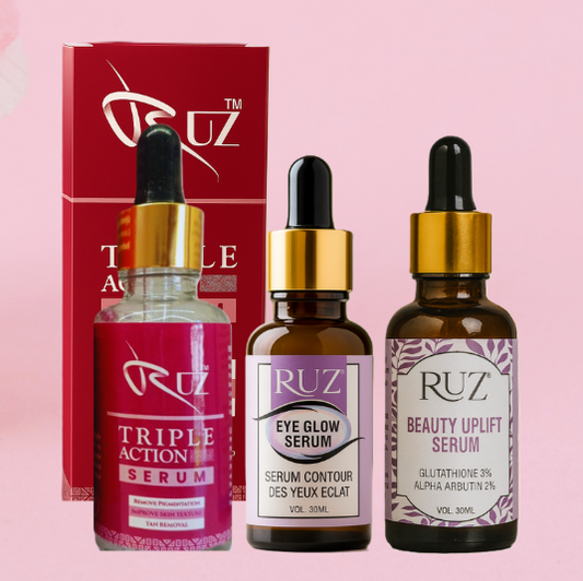 RUZ Cosmetics 3-in-1 Serum Saver Pack – Triple Action, Beauty Uplift & Eye Glow Serums (30ml Each)