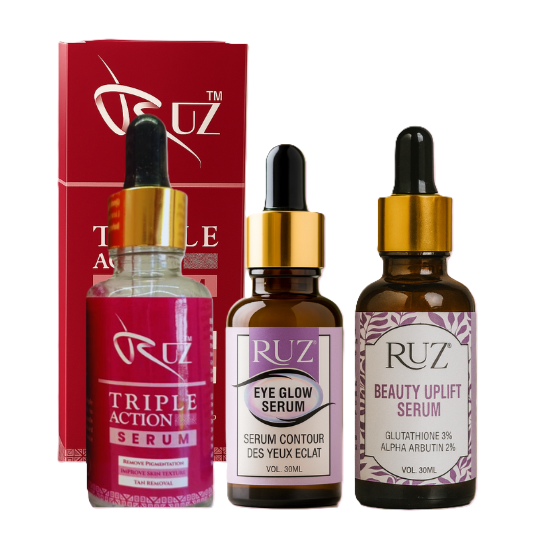 RUZ Cosmetics 3-in-1 Serum Saver Pack – Triple Action, Beauty Uplift & Eye Glow Serums (30ml Each)