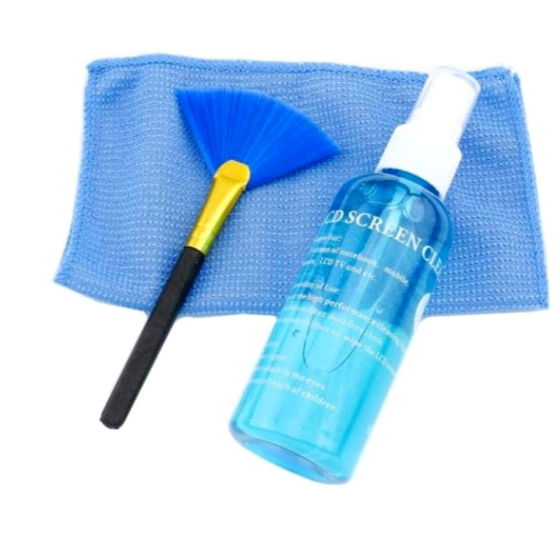 3-in-1 Screen Cleaning Kit – Spray, Microfiber Cloth & Brush