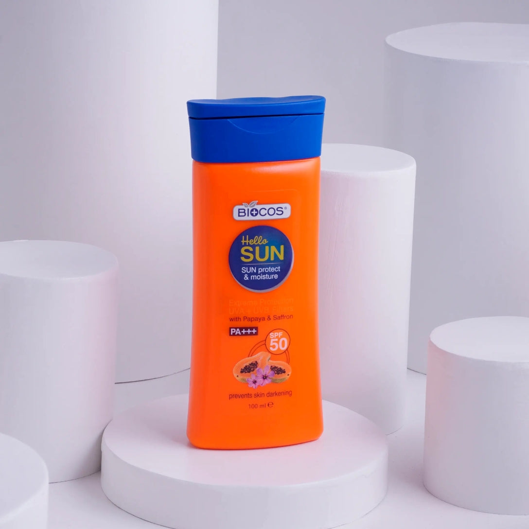 Papaya & Saffron Sunscreen Lotion SPF 50 – Hydrating, Brightening & Water-Resistant Sun Protection with Hyaluronic Acid & Vitamin E – 100ml