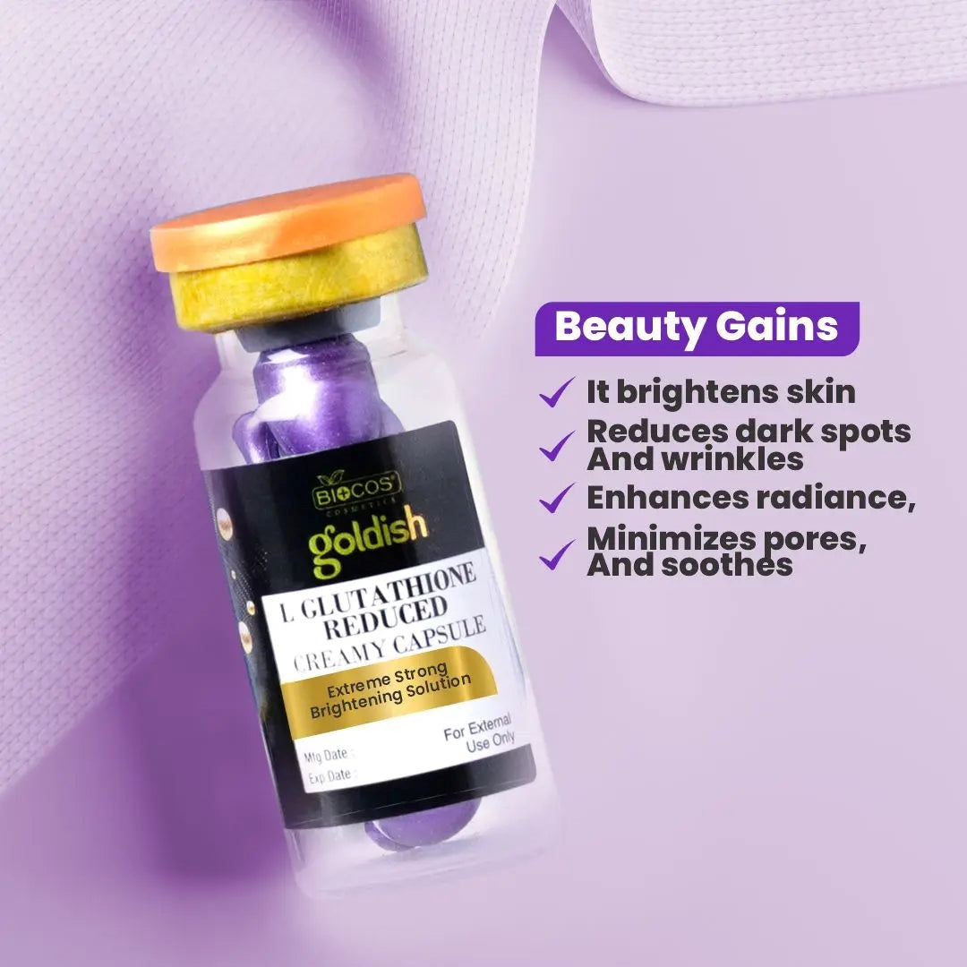 Goldish Creamy Capsule – 8-in-1 Skin Brightening & Anti-Aging Formula with L-Glutathione, Kojic Acid, Niacinamide & Alpha-Melight – Reduces Melasma, Dark Spots & Pores – 5ml