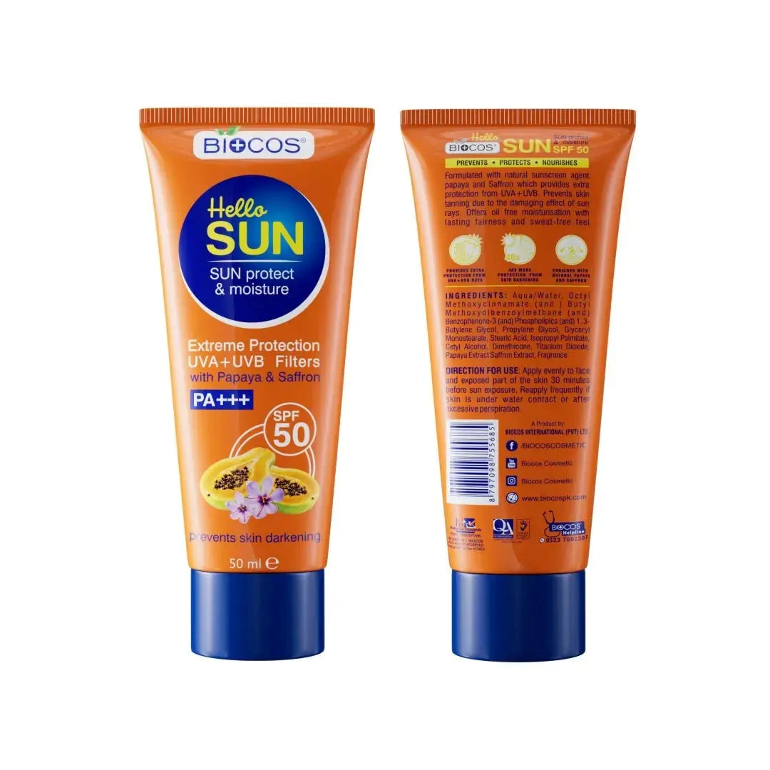 Sun Protection & Moisture Cream SPF 50 – Non-Comedogenic Sunscreen for Sensitive Skin with Aloe Vera, Papaya, Vitamin E & Saffron – 50gm