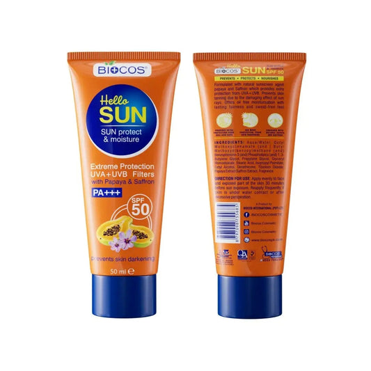 Sun Protection & Moisture Cream SPF 50 – Non-Comedogenic Sunscreen for Sensitive Skin with Aloe Vera, Papaya, Vitamin E & Saffron – 50gm