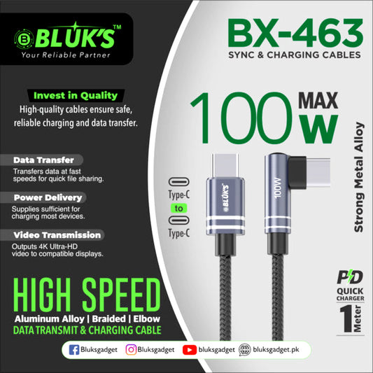 BLUK’S BX-463 100W Type-C to Type-C Fast Charging Cable – Elbow Design