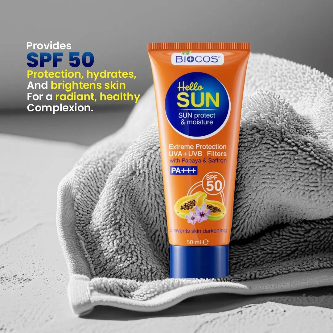 Sun Protection & Moisture Cream SPF 50 – Non-Comedogenic Sunscreen for Sensitive Skin with Aloe Vera, Papaya, Vitamin E & Saffron – 50gm