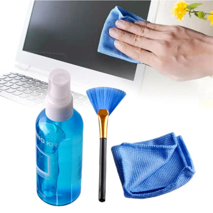 3-in-1 Screen Cleaning Kit – Spray, Microfiber Cloth & Brush