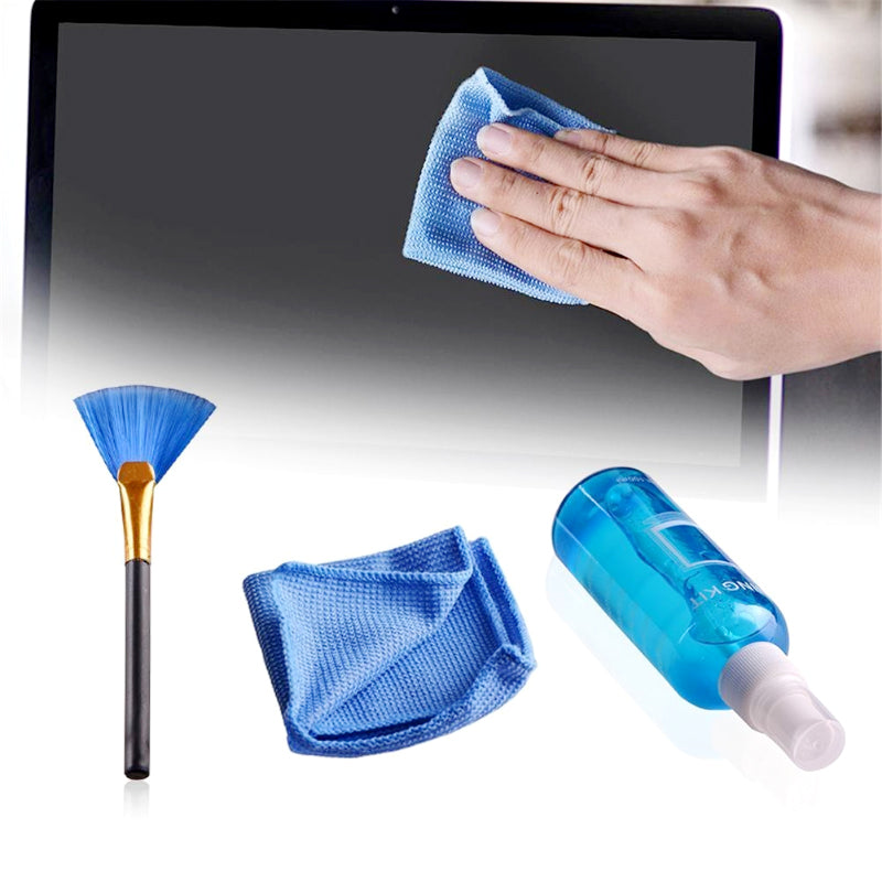 3-in-1 Screen Cleaning Kit – Spray, Microfiber Cloth & Brush