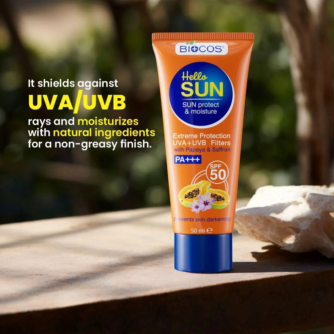Sun Protection & Moisture Cream SPF 50 – Non-Comedogenic Sunscreen for Sensitive Skin with Aloe Vera, Papaya, Vitamin E & Saffron – 50gm