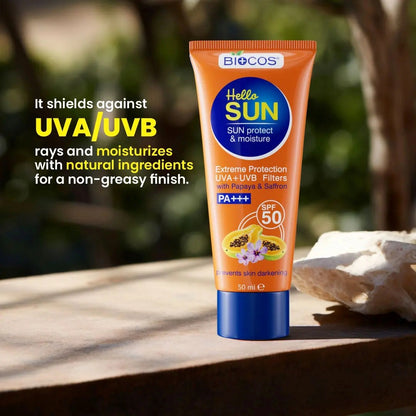 Sun Protection & Moisture Cream SPF 50 – Non-Comedogenic Sunscreen for Sensitive Skin with Aloe Vera, Papaya, Vitamin E & Saffron – 50gm