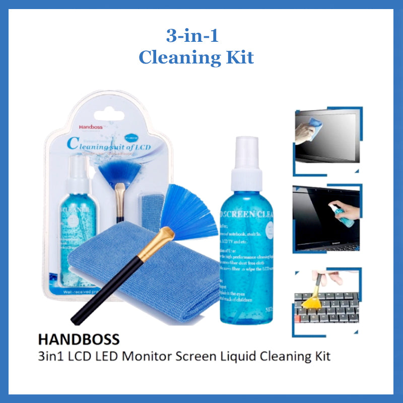3-in-1 Screen Cleaning Kit – Spray, Microfiber Cloth & Brush