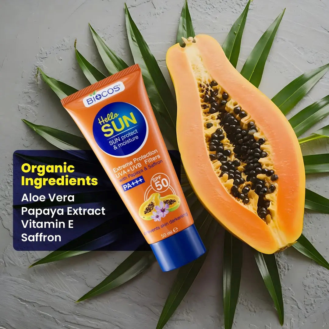Sun Protection & Moisture Cream SPF 50 – Non-Comedogenic Sunscreen for Sensitive Skin with Aloe Vera, Papaya, Vitamin E & Saffron – 50gm