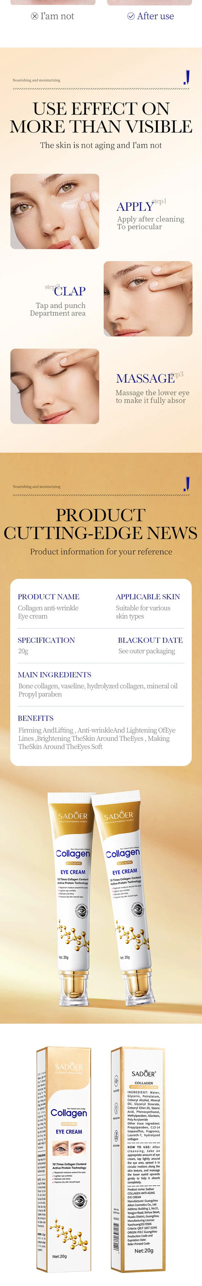 SADOER Collagen Eye Cream – Anti Dark Circles, Puffiness & Firming Moisturizing Eye Treatment (20g)
