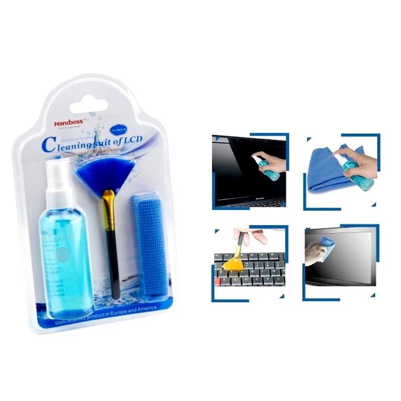 3-in-1 Screen Cleaning Kit – Spray, Microfiber Cloth & Brush