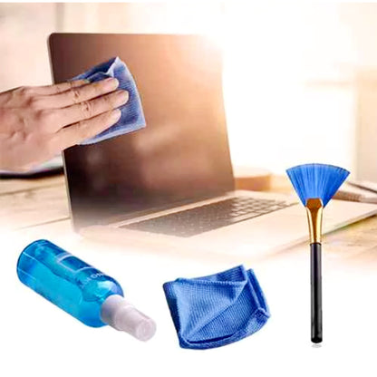 3-in-1 Screen Cleaning Kit – Spray, Microfiber Cloth & Brush