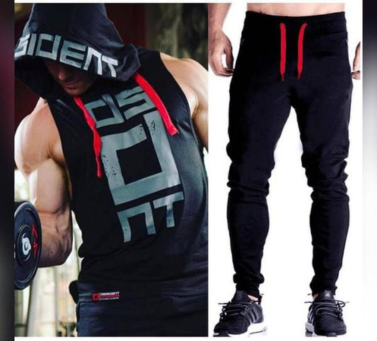Black Gym Sleeveless Hood Tracksuit – Summer Sports & Jogging 2-Piece Set for Men
