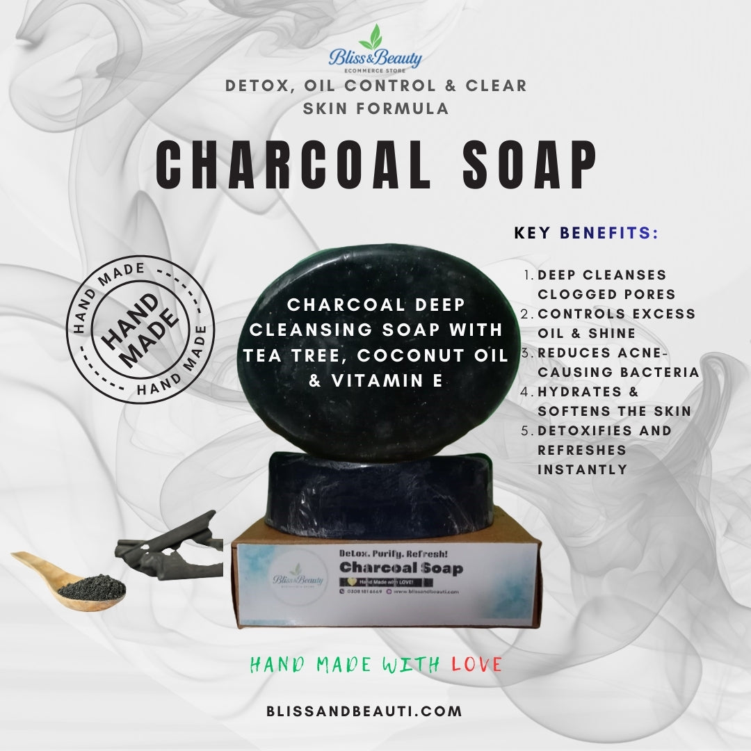 Charcoal Deep Cleansing Soap with Tea Tree, Coconut Oil & Vitamin E – Detox, Oil Control & Clear Skin Formula – 100g