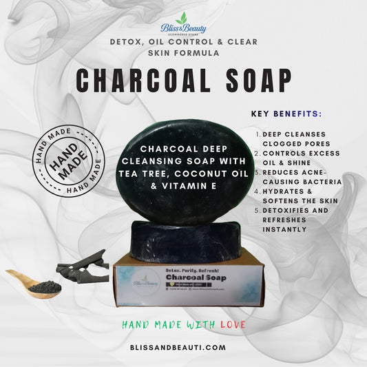 Charcoal Deep Cleansing Soap with Tea Tree, Coconut Oil & Vitamin E – Detox, Oil Control & Clear Skin Formula – 100g