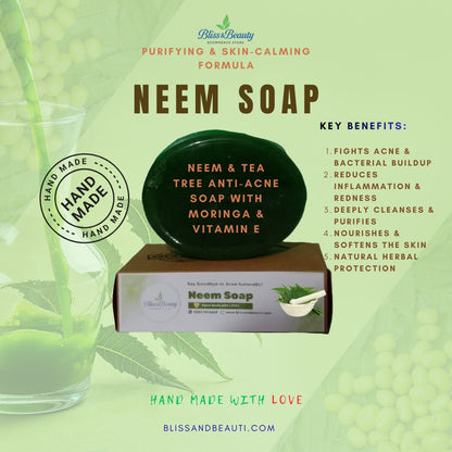 Neem & Tea Tree Anti-Acne Soap with Moringa & Vitamin E – Purifying & Skin-Calming Formula – 100g