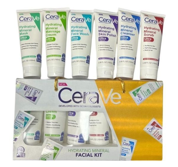 Pack of 6 – CeraVe Hydrating Mineral Facial Kit | 6-Step Facial Routine with Cleanser, Scrub, Massage Cream, Mask, Skin Polish & Face Wash | 100ml Each