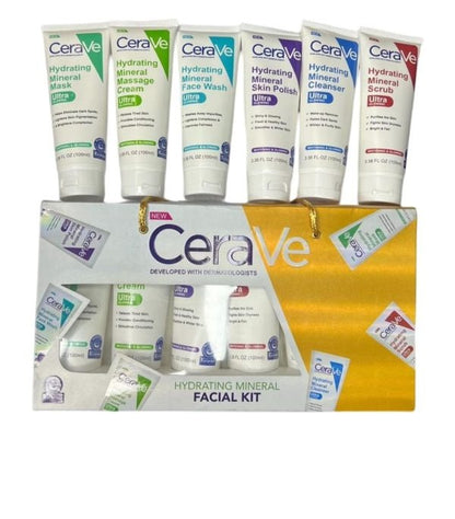 Pack of 6 – CeraVe Hydrating Mineral Facial Kit | 6-Step Facial Routine with Cleanser, Scrub, Massage Cream, Mask, Skin Polish & Face Wash | 100ml Each